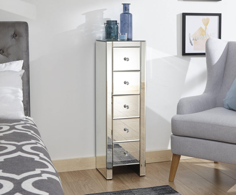 Mirrored 5 Drawer Slim Chest - Bankrupt Beds